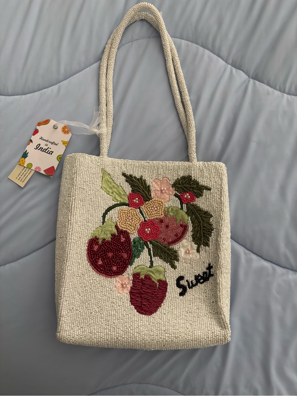 NWT Hand Beaded Strawberry Floral Tote Bag – White